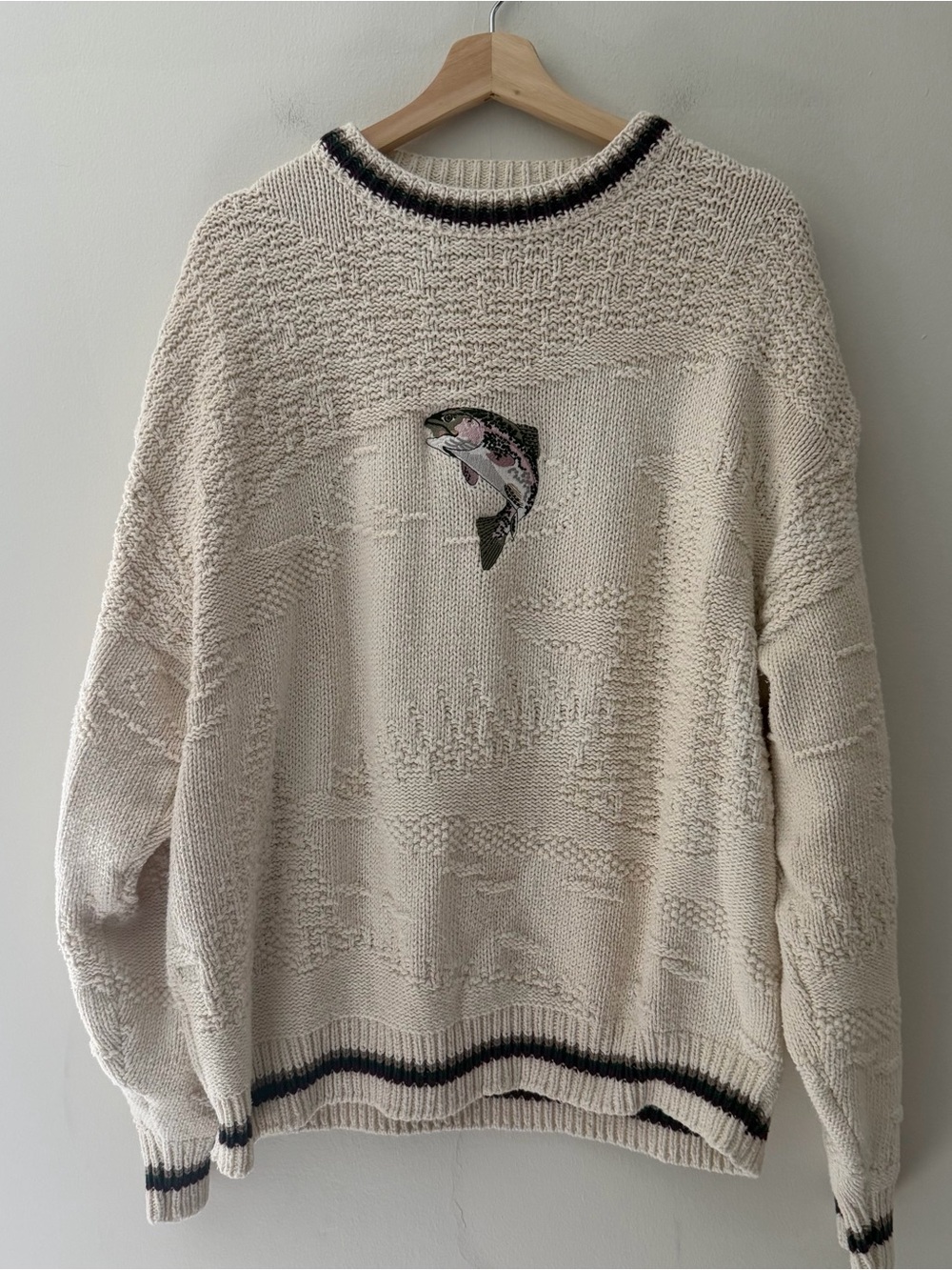 Vintage Shenandoah Fish Sweater 90s Size XXL Cream Fishing Gorpcore Camping